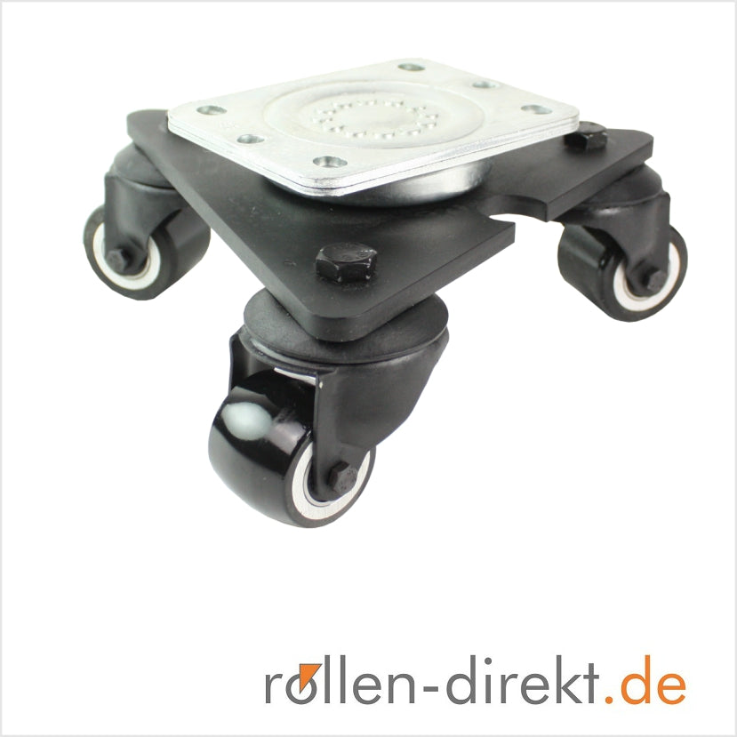 50 mm Mini-Schwerlast-Drehteller mit schwarzem Polyurethan-Rad, ballige Lauffläche – schwarzes PU-Rad mit balligem Profil für optimale Rangierbarkeit.