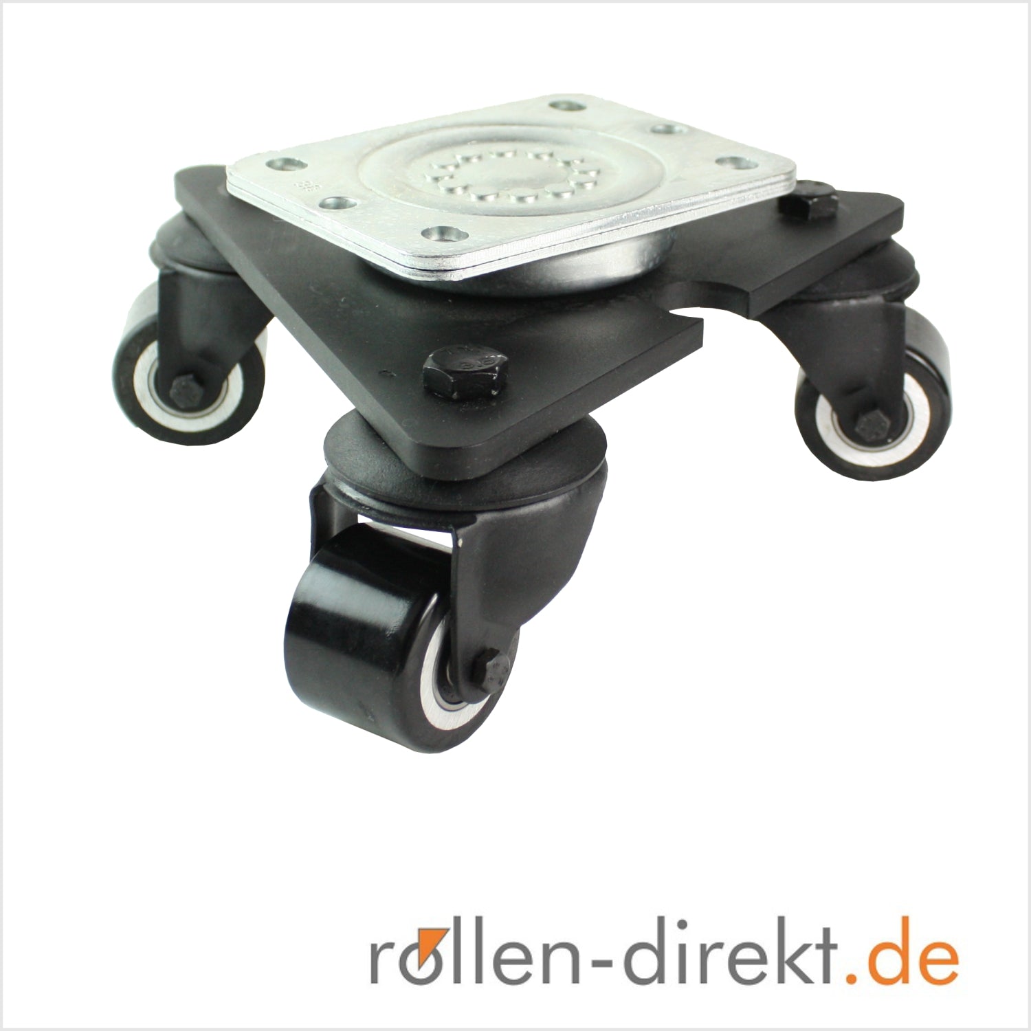 50 mm Mini-Schwerlast-Drehteller mit schwarzem Polyurethan-Rad, flache Lauffläche – optisch dezenter schwarzer PU-Roller mit flacher Profilierung.