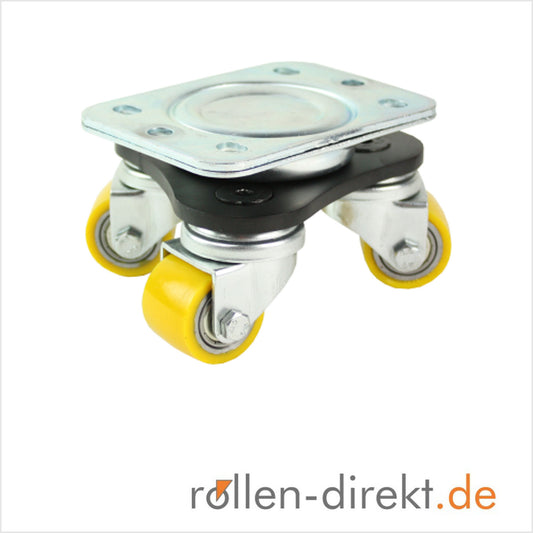 Mini-Schwerlast Drehteller 35 mm mit drei lenkbaren Soft-Polyurethan-Rollen für leichte Mobilität bei kompakter Bauweise.