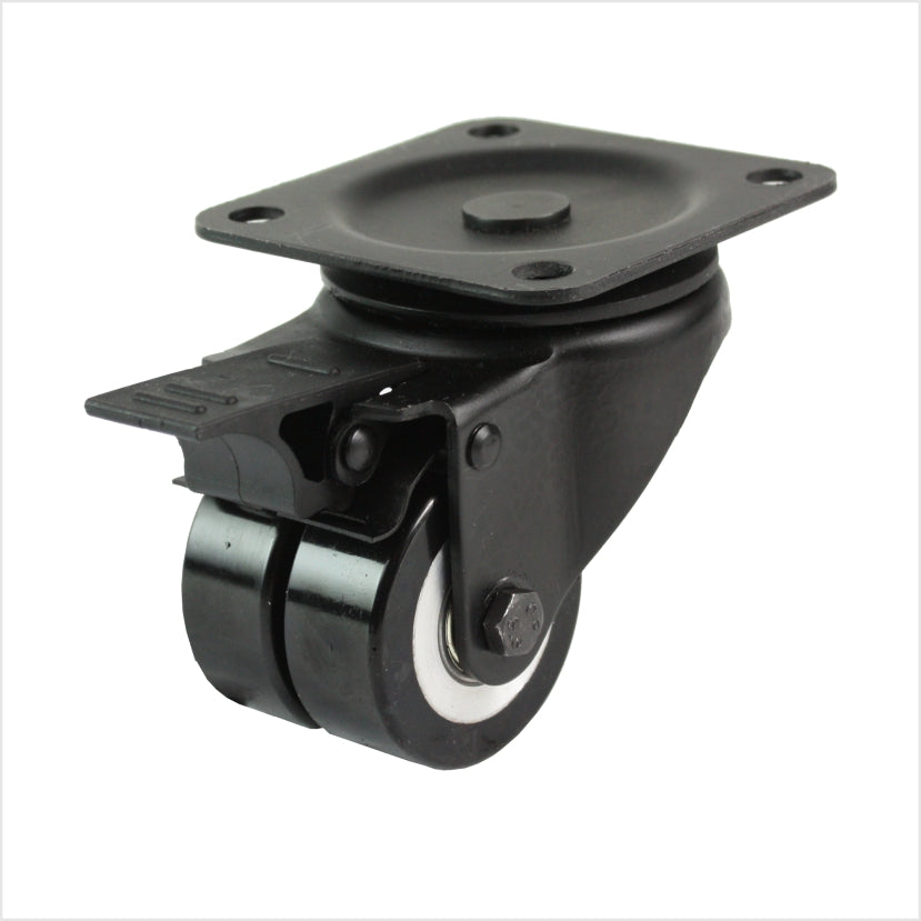 50 mm mini-Schwerlastrolle - schwarze Doppel-Lenkrolle mit Feststeller flach & ballig