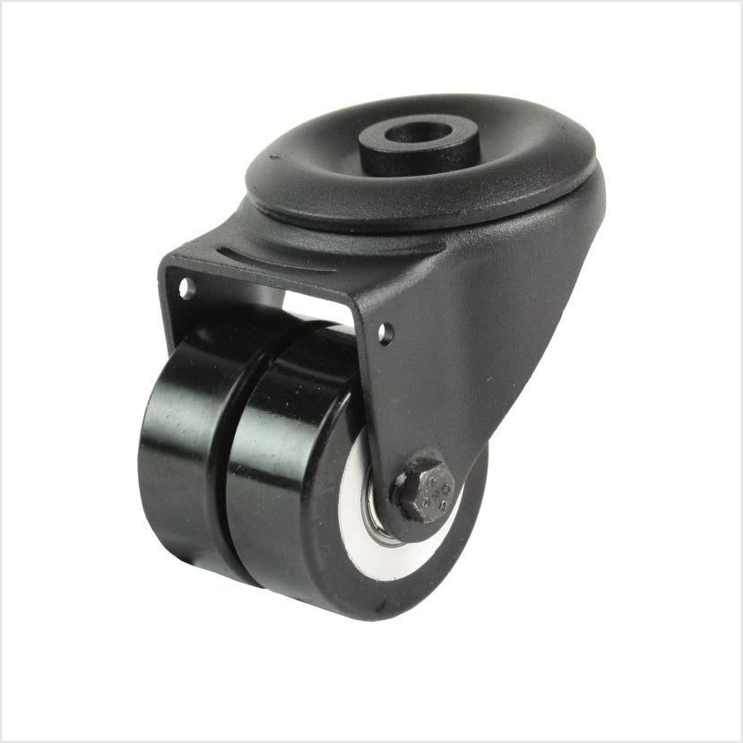 50 mm mini-Schwerlastrolle - schwarze Doppel-Lenkrolle mit Rückenloch flach & ballig