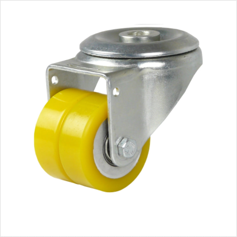 minischwerlast-Lenkrolle mit Rückenloch zur Befestigung mit einer Schraube in der Kopfplatte. Mit zwei Rädern aus Polyurethan mit Aluminium-Felge 50 x 20 mm in gelb.