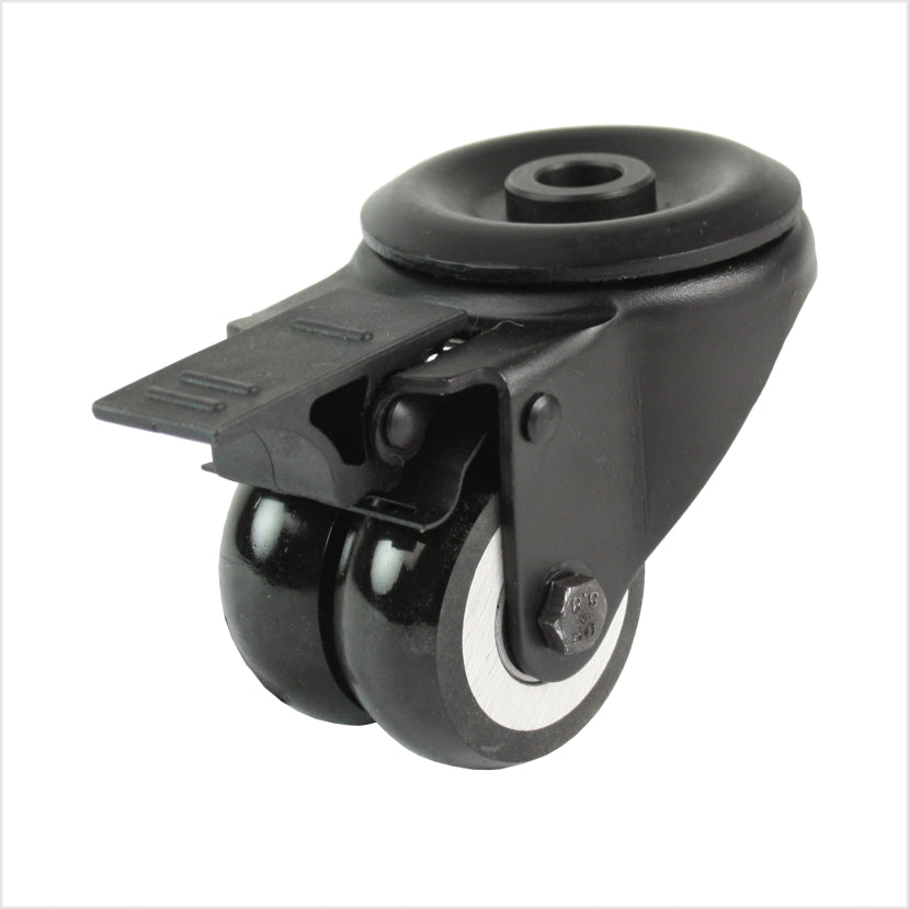 50 mm mini-Schwerlastrolle - schwarze Doppel-Lenkrolle mit Rückenloch und Feststeller flach & ballig
