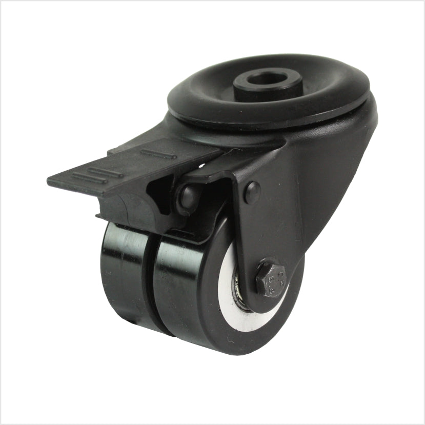 50 mm mini-Schwerlastrolle - schwarze Doppel-Lenkrolle mit Rückenloch und Feststeller flach & ballig