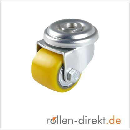 mini Schwerlastlenkrolle 35 mm mit Rückenloch als detailsaufnahme mit verzinktem Gehäuse und gelbem Rad