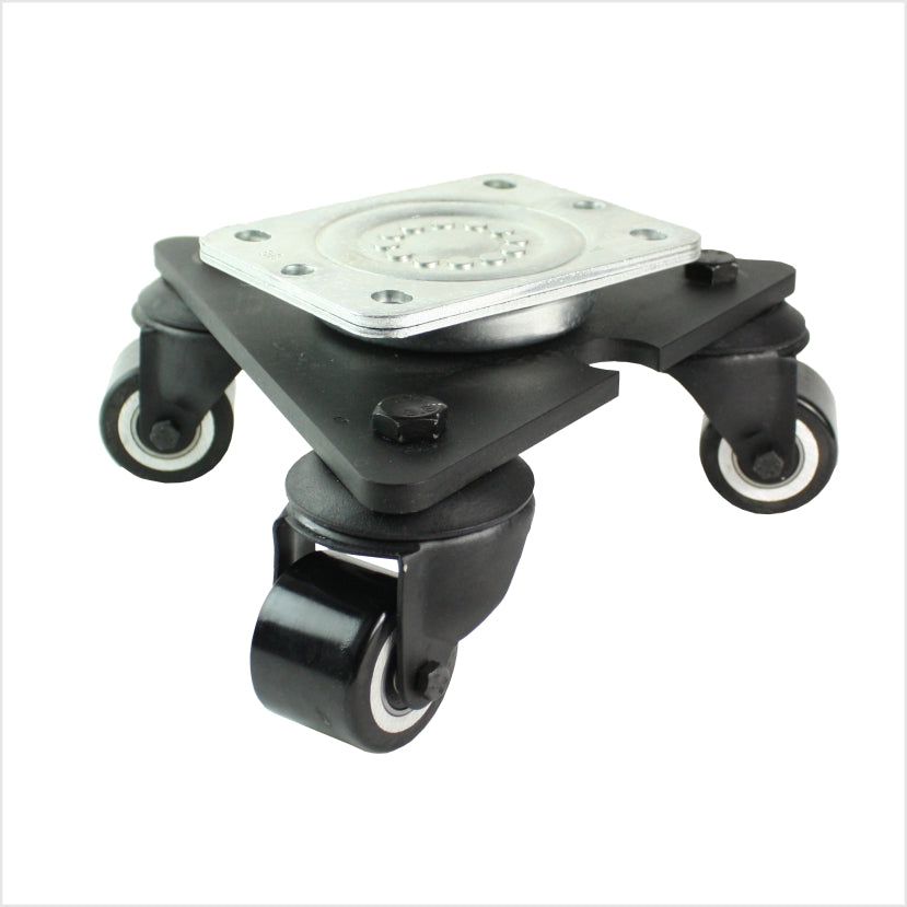 50 mm Mini-Schwerlast Drehteller mit schwarzem Polyurethan-Rad, flache Lauffläche – optisch dezenter schwarzer PU-Roller mit flacher Profilierung.