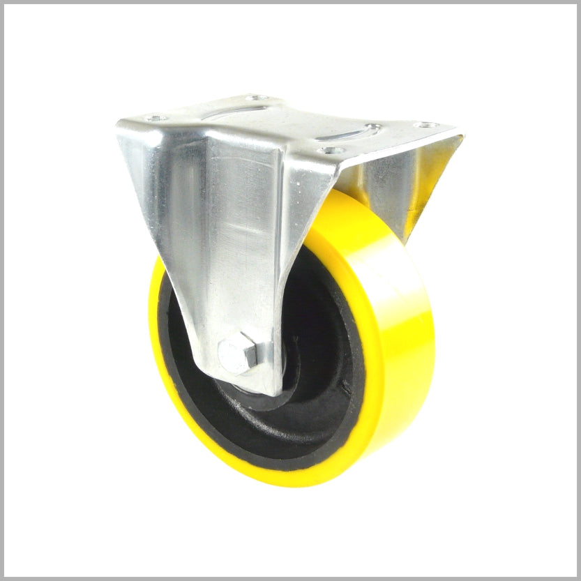 150 mm Schwerlast-Bockrolle PU-Rad, Stahlfelge, Kugellager - B-L/120K/150/50