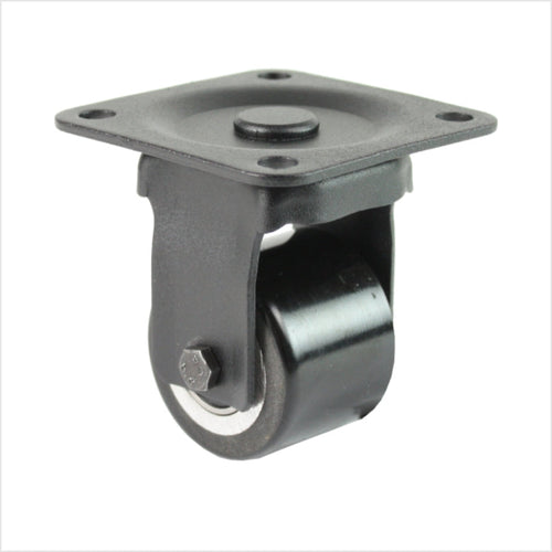 Schwarze Mini-Schwerlast-Bockrolle B-MIB-691KFL mit flachem Doppelrad, Raddurchmesser 50 mm, kompakte Industrie-Bockrolle für Möbel-, Laden- und Messebau