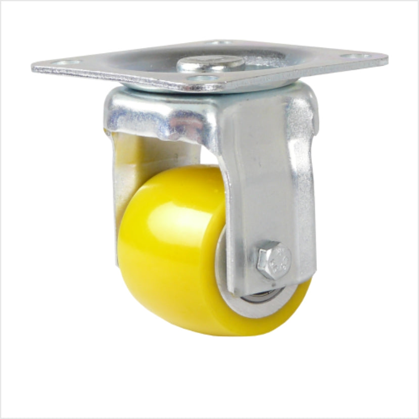 Bockrolle mit breitem Rad 50 x 40 mm, ballige Ausführung, aus Polyurethan mit einer Kopfplatte als Anschraubplatte mit 4 Löchern.