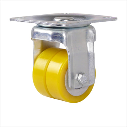 Bockrolle als Doppelrolle mit zwei flachen Rädern 50 x 20 mm aus Polyurethan mit einer Kopfplatte als Anschraubplatte mit 4 Löchern.