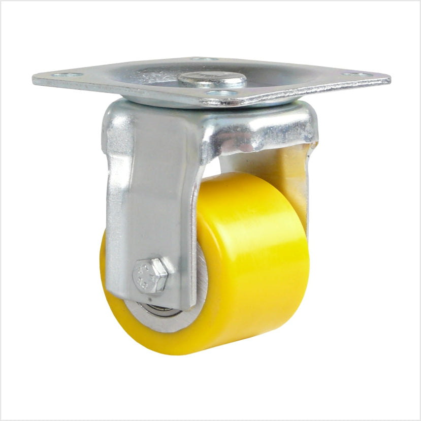 Bockrolle mit breitem Rad 50 x 40 mm aus Polyurethan mit einer Kopfplatte als Anschraubplatte mit 4 Löchern.