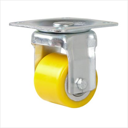 Bockrolle mit breitem Rad 50 x 40 mm aus Polyurethan mit einer Kopfplatte als Anschraubplatte mit 4 Löchern.