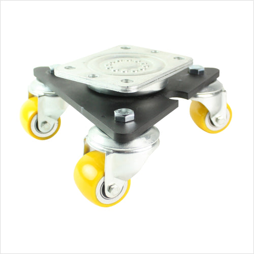 mini-Schwerlast Drehteller mit 3 gelben Rollen in Detailsansicht. Lauffläche ist ballig rund.