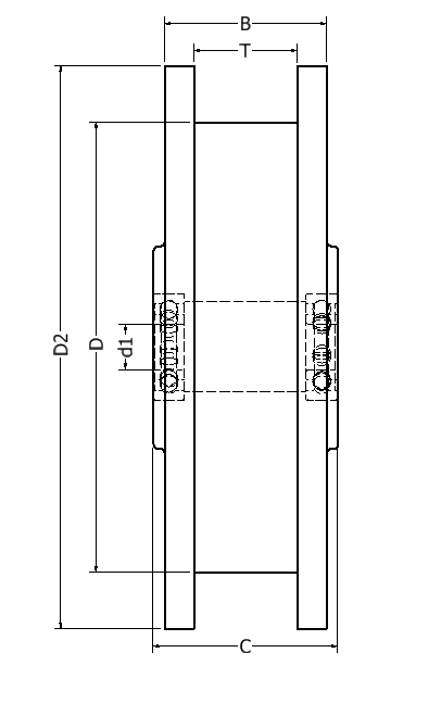 Zeichnung eines Doppelspurkranzrades mit Maßkürzel zur Erläuterung. B für Breite, T für Laufbreite, D2 für Gesamtdurchmesser, D Durchmesser ohne Spurkranz, d1 für Bohrung.