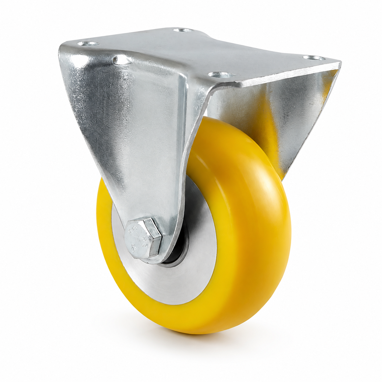 Industrie-Bockrolle Ø 125 mm ballig mit Anschraubplatte – gelbes Polyurethan-Rad