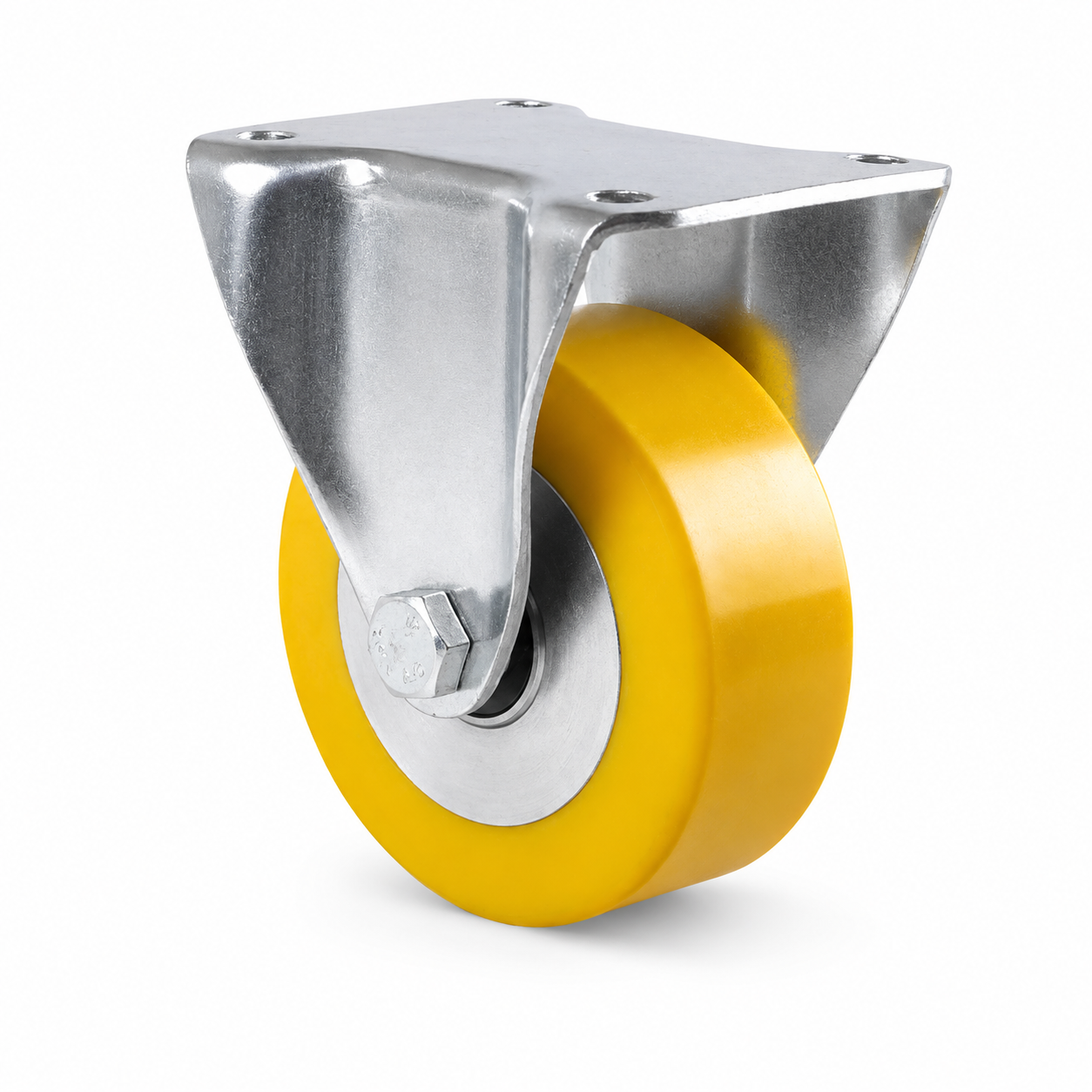 Industrie-Bockrolle Ø 125 mm flach mit Anschraubplatte – gelbes Polyurethan-Rad