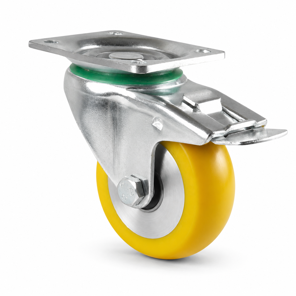 Industrie-Lenkrolle Ø 125 mm ballig mit Anschraubplatte und Feststeller – gelbes Polyurethan-Rad