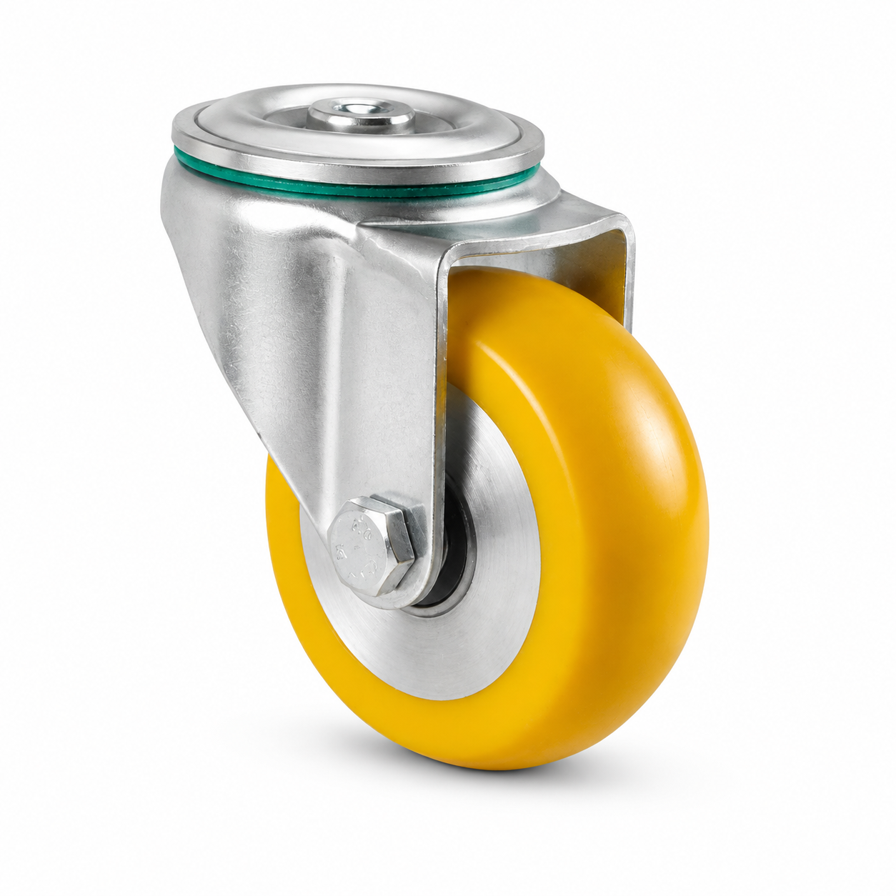 Industrie-Lenkrolle Ø 125 mm ballig mit Rückenloch – gelbes Polyurethan-Rad
