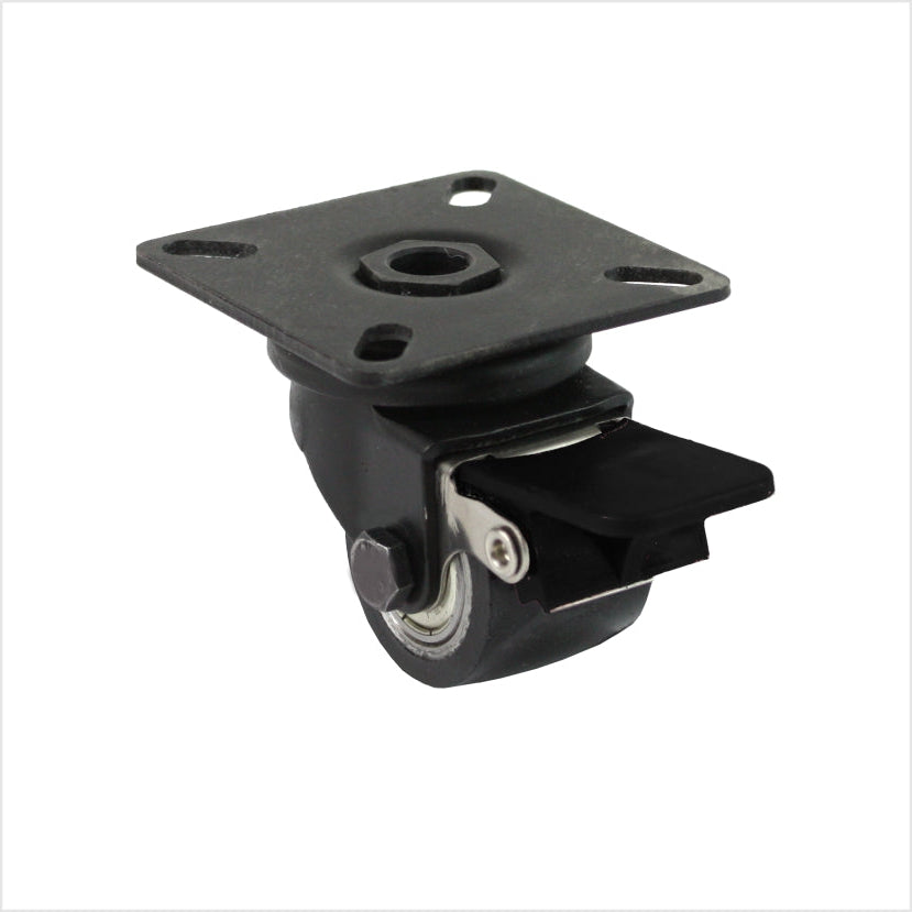 Schwarze Lenkrolle mini Schwerlastrolle, schwarzes Stahlgehäuse mit Feststellbremse, schwarzes Polyurethan-rad mit 2 Kugellagern im Rad auf weißem Hintergrund.