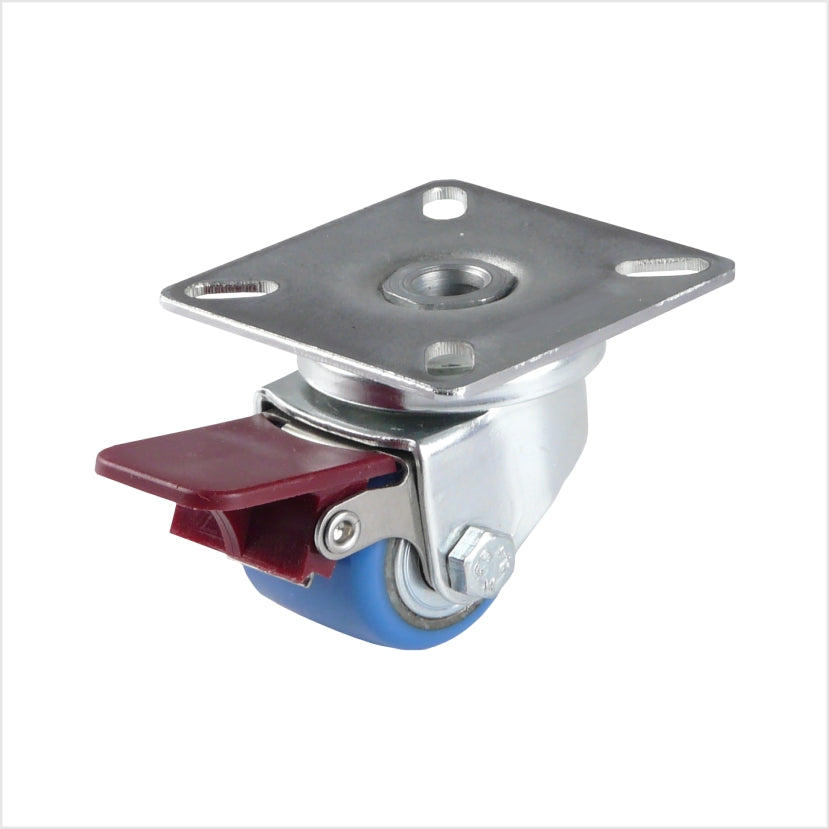 mini-Schwerlast-Lenkrolle 35 mm mit Platte und blauem, elastischem Polyurethan-Rad, Festellhebel rot 