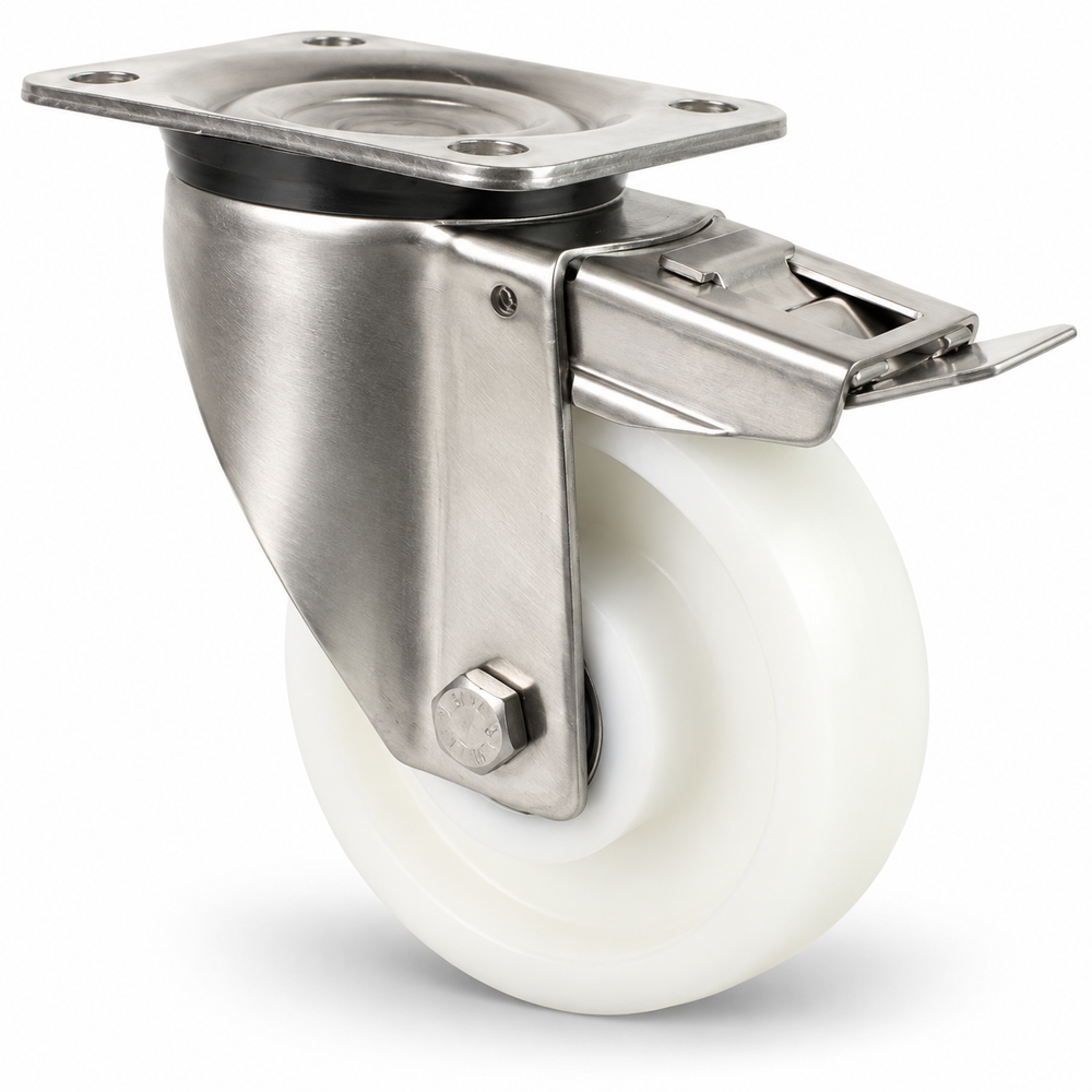 Roestvrij stalen zwenkwiel voor zware belasting met rem 150 mm, polyamide wiel – LTB-LN/200NK/150/45