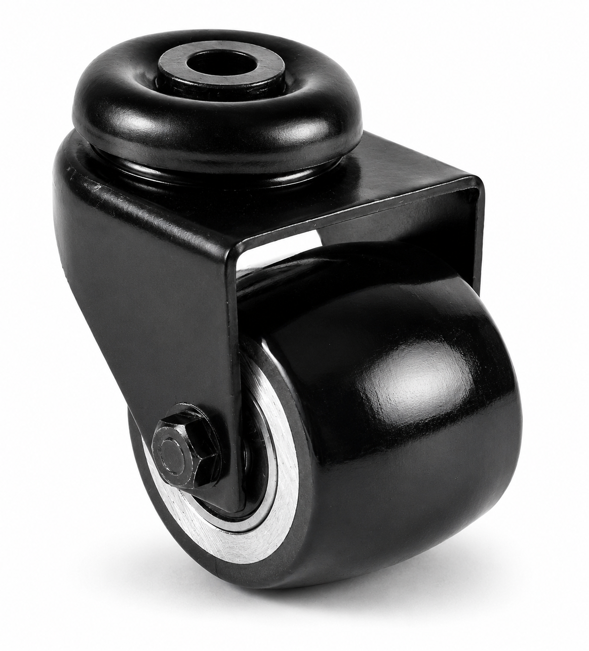 Schwarze 50 mm Mini-Schwerlast-Lenkrolle R-DAPS/691KBA mit balligem Polyurethan-Rad und Rückenlochbefestigung