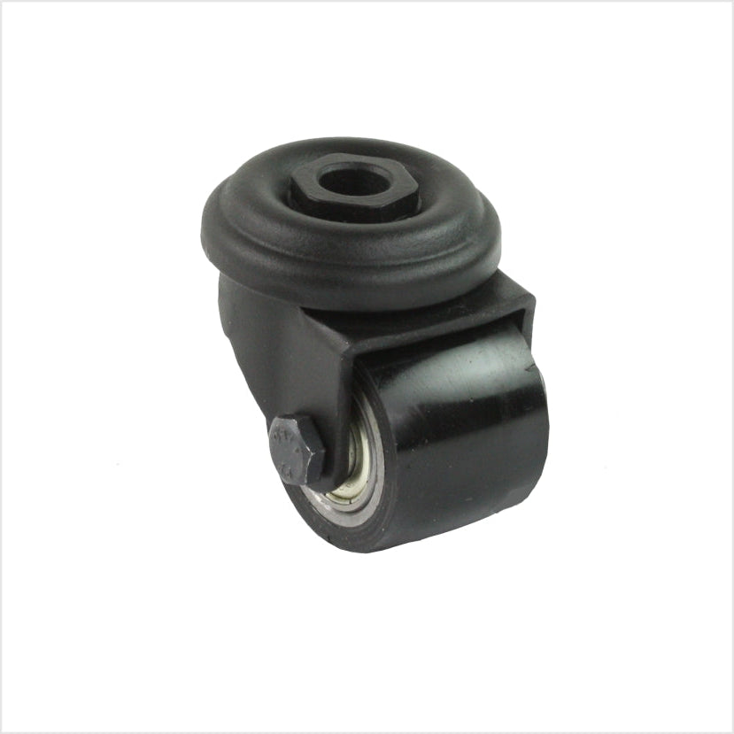 schwarze mini-Schwerlastrolle mit Rückenlochbefestigung für eine Schraube, die Rolle hat ein schwarzes Polyurethan-Rad, auf weißem Hintergrund.