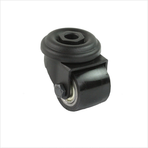 schwarze mini-Schwerlastrolle mit Rückenlochbefestigung für eine Schraube, die Rolle hat ein schwarzes Polyurethan-Rad, auf weißem Hintergrund.
