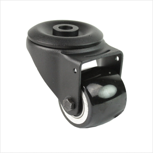 Schwarze Mini-Schwerlast-Lenkrolle R-MIB-691KBA mit balligem Rad und Rückenlochbefestigung, Raddurchmesser 50 mm, kompakte Industrie-Rolle für Möbel-, Laden- und Messebau