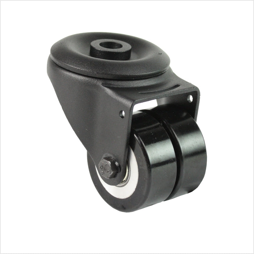 Mini heavy-duty swivel castor R-MIB-691KFL with flat double wheels and bolt-hole fitting, wheel size 50 × 20 mm, compact industrial castor for high load capacity applications