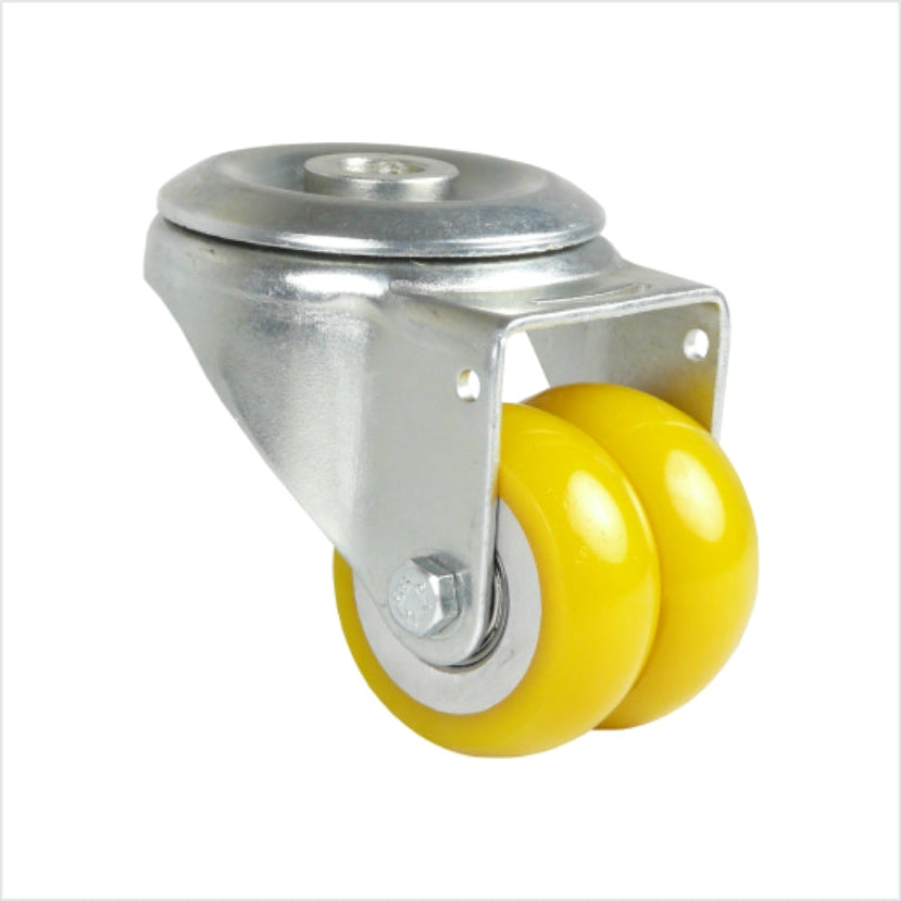 mini Schwerlast-Lenkrolle mit Rückenloch zur Befestigung mit einer Schraube. Mit zwei Rädern als Doppelrolle mit balligem Polyurethan-Belag in gelb