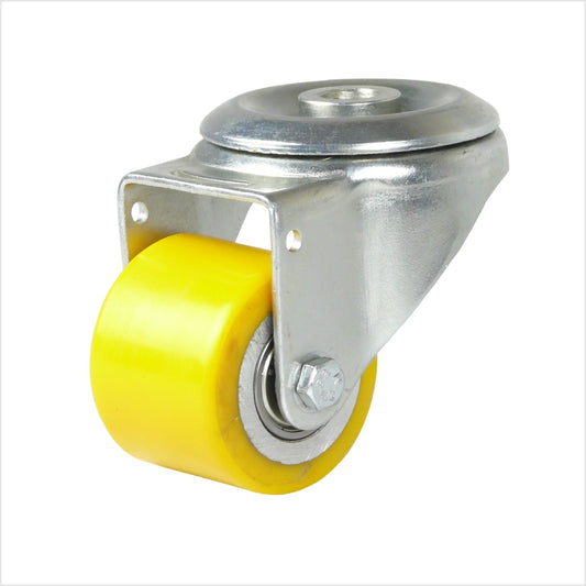 Lenkrolle mit Rückenloch und breitem Polyurethan-Rad 50 x 40 mm in gelb. Gehäuse verzinkt.