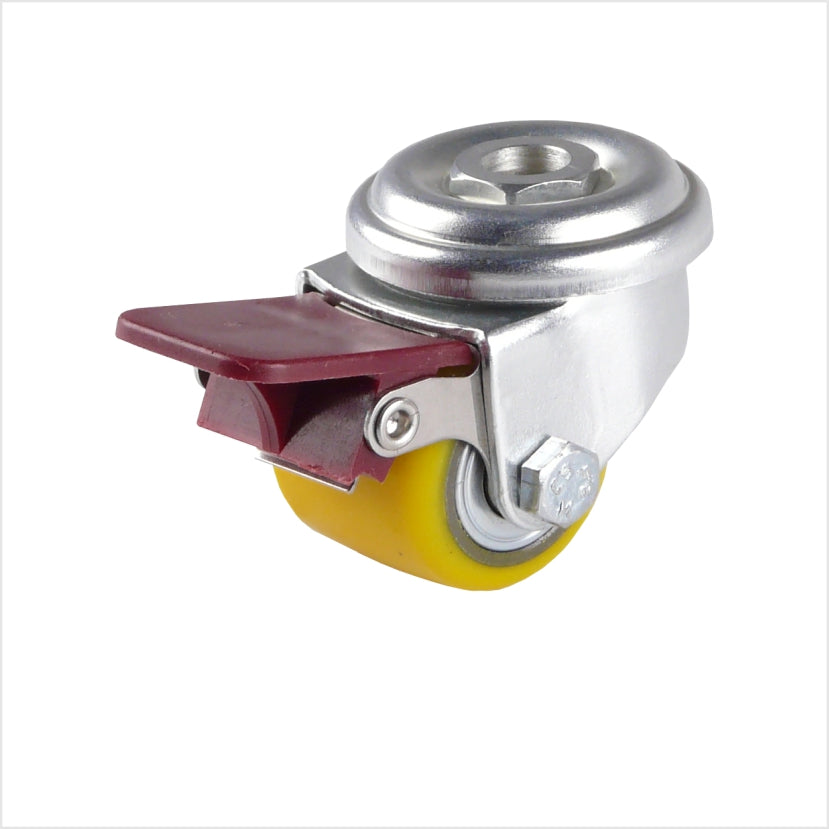 mini Lenkrolle mit Rückenloch und Feststeller, gelbes Polyurethan-Rad als kleine Schwerlastrolle mit Bremse 