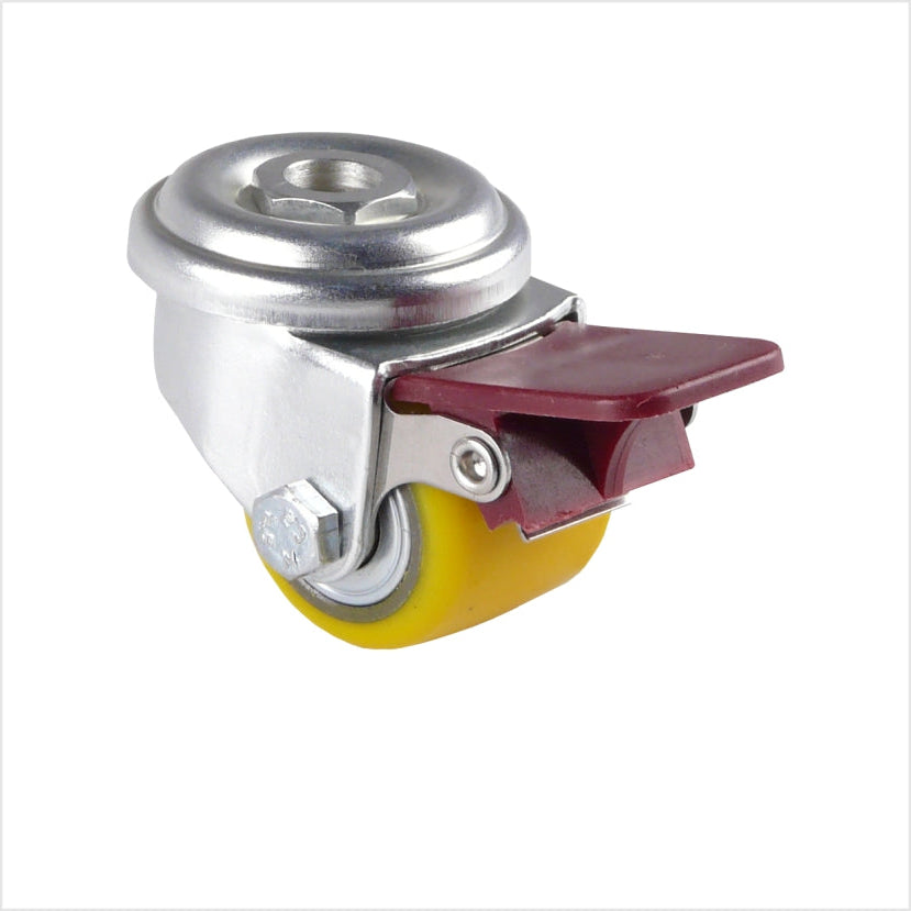 mini Lenkrolle mit Rückenloch und Feststeller, gelbes Polyurethan-Rad als kleine Schwerlastrolle mit Bremse 