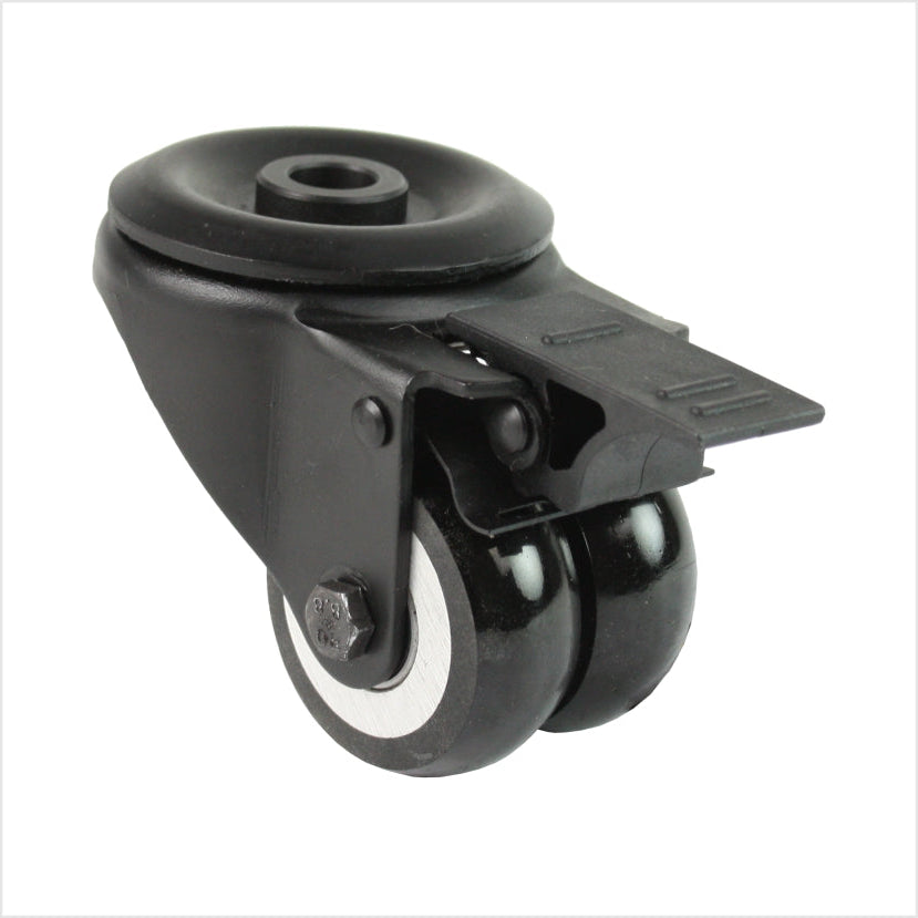 Mini heavy-duty swivel castor RTB-MIB-691KBA with crowned double wheels, bolt hole fitting and total lock brake, wheel size 50 × 20 mm, compact industrial castor for high load capacity applications