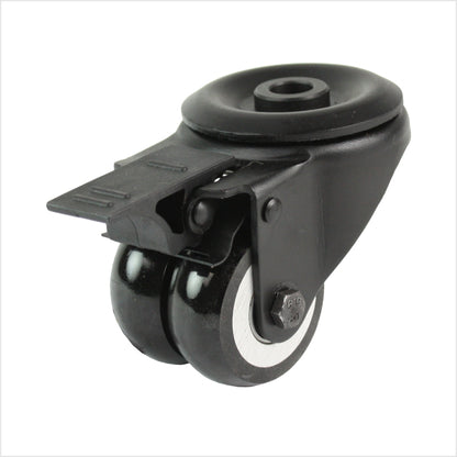 50 mm mini-Schwerlastrolle - schwarze Doppel-Lenkrolle mit Rückenloch und Feststeller flach & ballig
