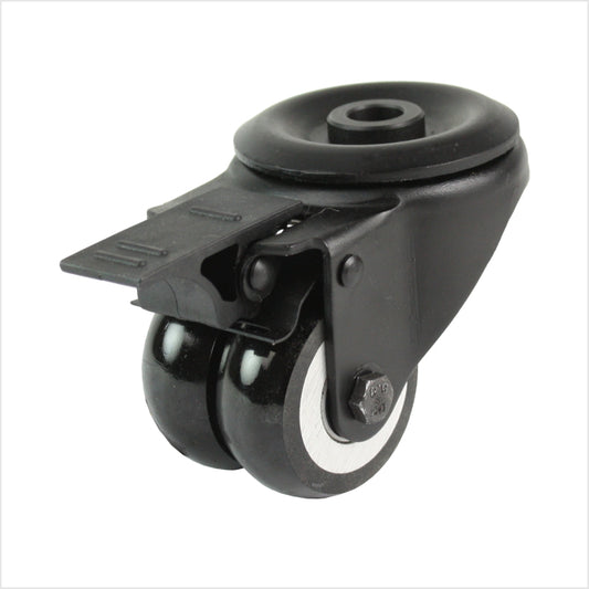 50 mm mini-Schwerlastrolle - schwarze Doppel-Lenkrolle mit Rückenloch und Feststeller flach & ballig