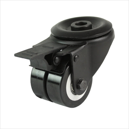 50 mm mini-Schwerlastrolle - schwarze Doppel-Lenkrolle mit Rückenloch und Feststeller flach & ballig