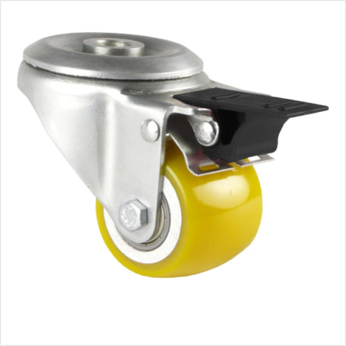 50 mm Polyurethaan-zwenkwiel met totalstops – Minizwaarlastwiel, extreem robuust, bevestiging via centraal gat, voor mobiele werkplekken