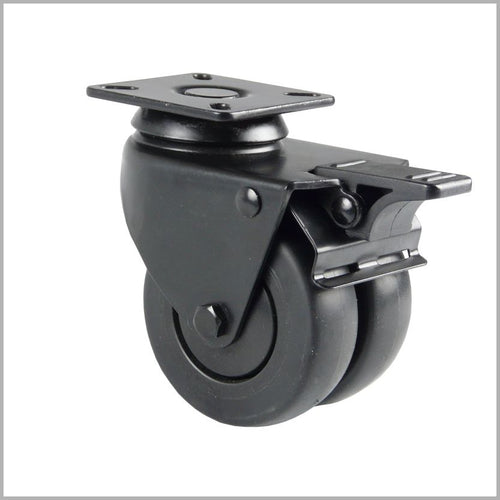 Schwarze Doppel-lenkrolle mit schwarzen Gummi-Rädern für Regale, Theater-Bühnen und Ladenbau.