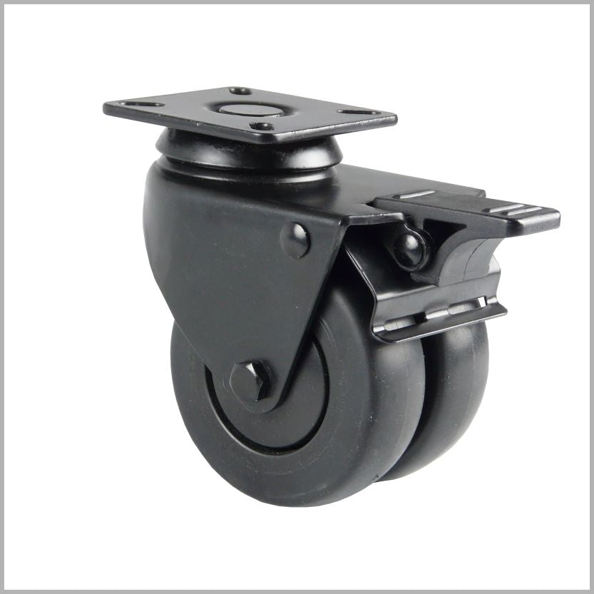 50 mm - Zwart dubbel zwenkwiel met plaatbevestiging en rem