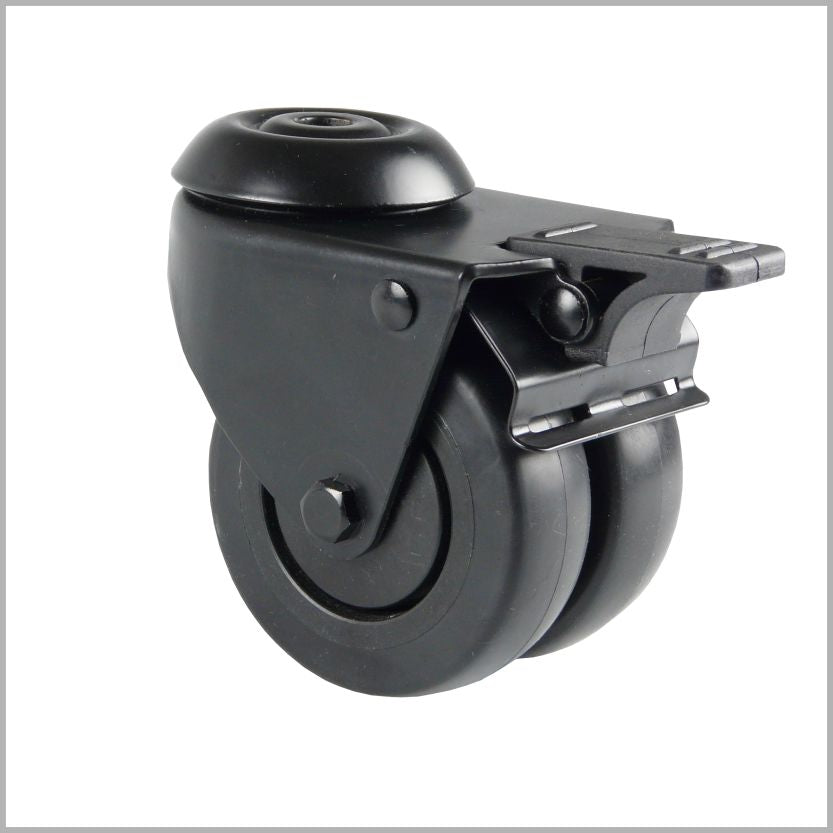50 mm zwart dubbel zwenkwiel met boutgat en rem – voor winkelinrichting en displays