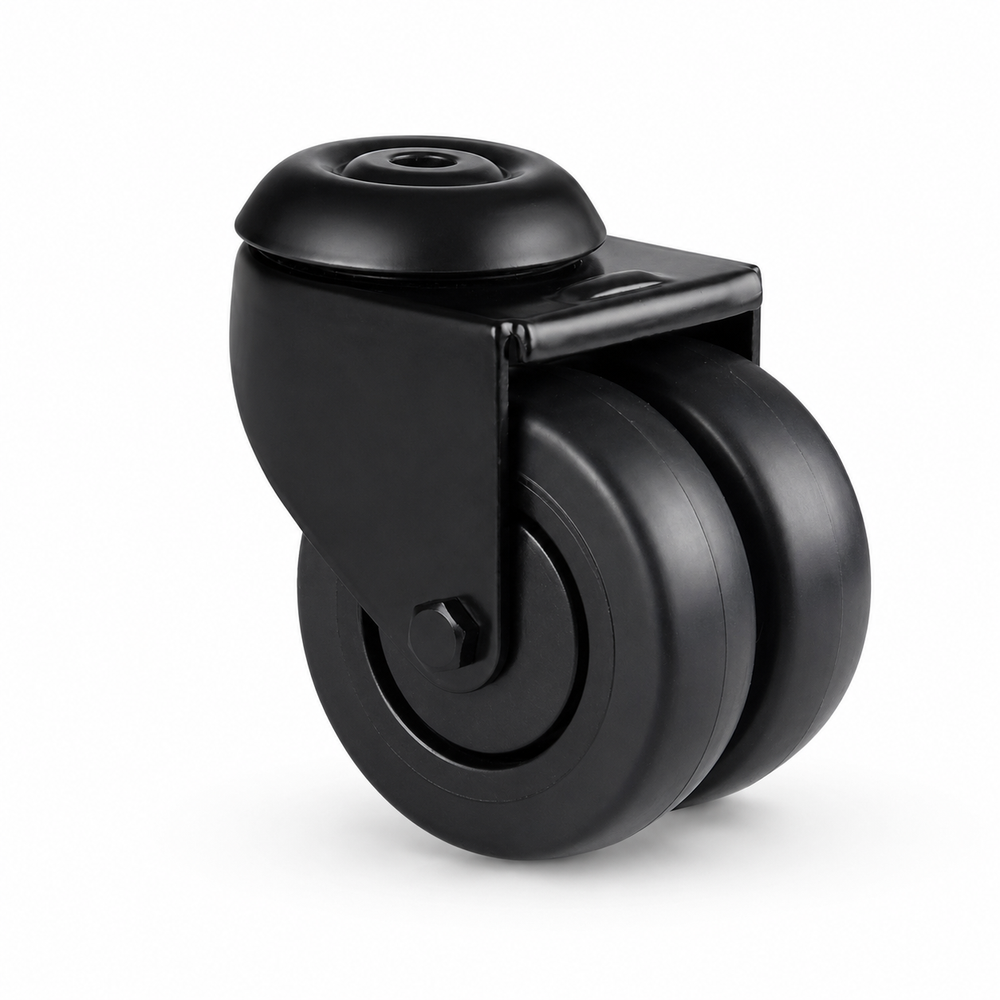 50 mm Schwarze Doppel-Lenkrolle mit Rückenloch – stabile Möbelrolle für Displays & Ladenbau