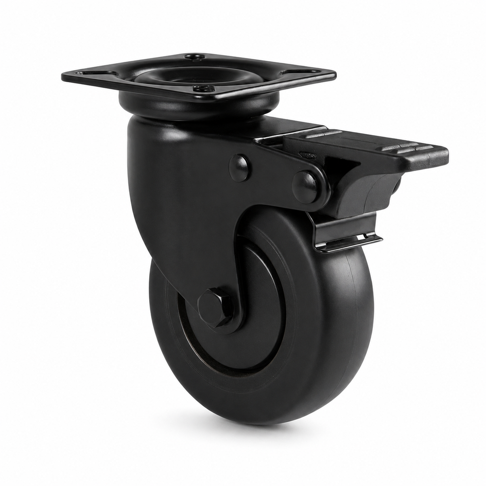 Schwarze Lenkrolle 50 mm mit Totalfeststeller – Gummi für Warenträger & Ladenbau