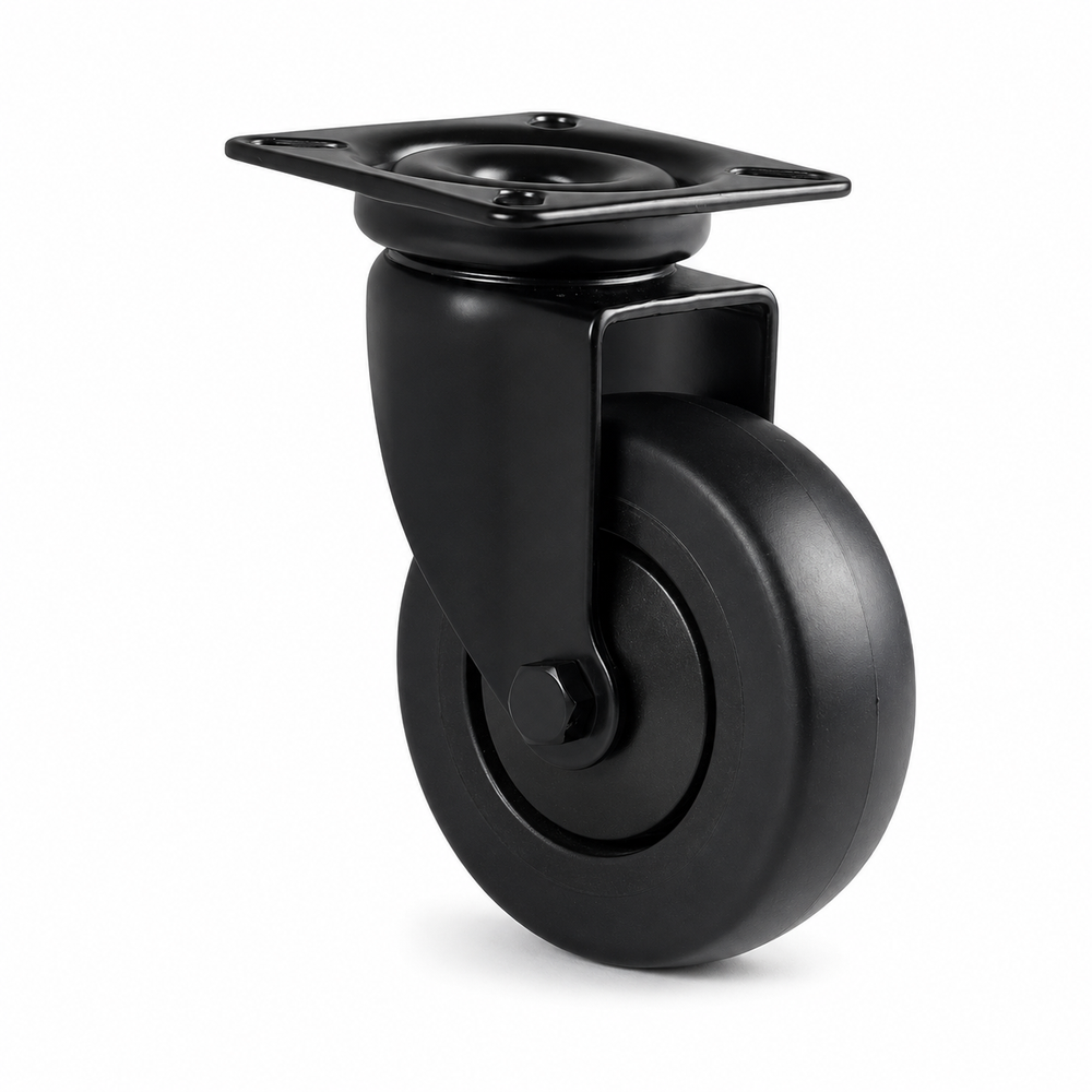 Schwarze Lenkrolle 75 mm mit Anschraubplatte – Gummi, spurfrei für Möbel & Interior