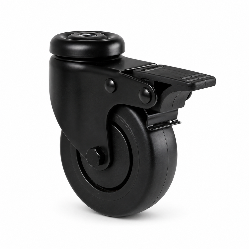 Schwarze Lenkrolle 75 mm mit Rückenloch & Totalfeststeller – Gummi, spurfrei