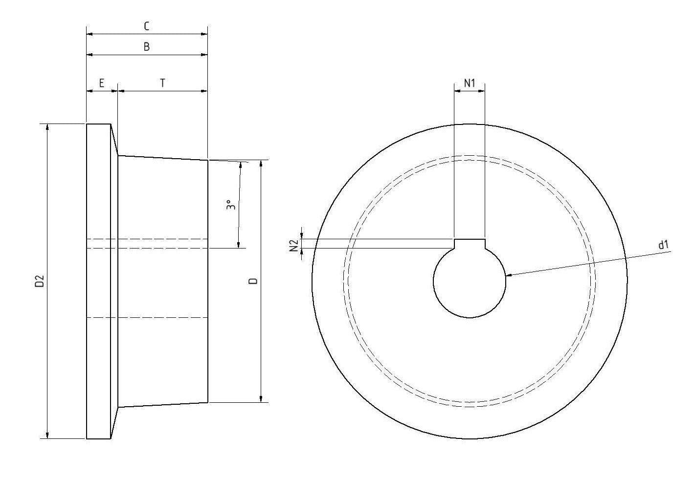 Spoorwiel | 250 x 65 mm | Polyamide 6G | Kogellager | Naafgroef | Loopvlak 3°