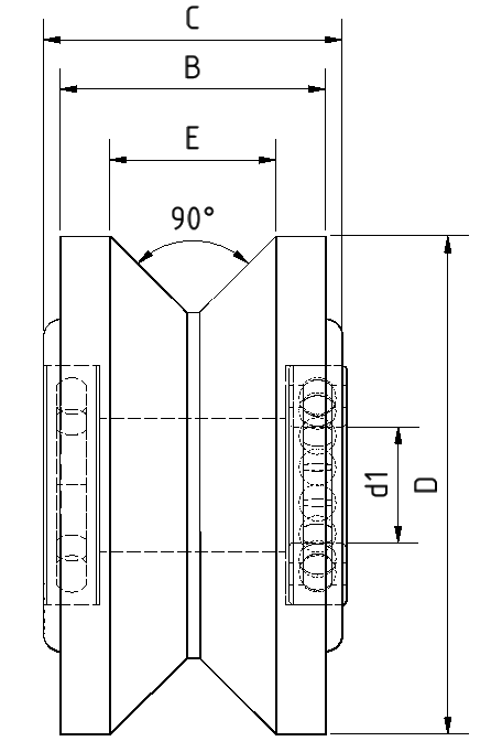 Zeichnung zur Darstellung von V-Nut und WInkelprofilrollen mit Maßkürzel