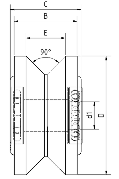 Zeichnung zur Darstellung von V-Nut und WInkelprofilrollen mit Maßkürzel