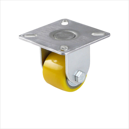 35 mm mini Schwerlast Bockrolle mit gelbem Polyurethan-Rad. Anschraubplatte mit Löchern zum Befestigen der Rolle. Kleine Bockrolle mit hoher Tragkraft. 